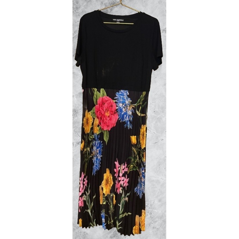 Karl Lagerfeld Paris Womens Floral Pleated Maxi Dress Black Short Sleeve Size 18